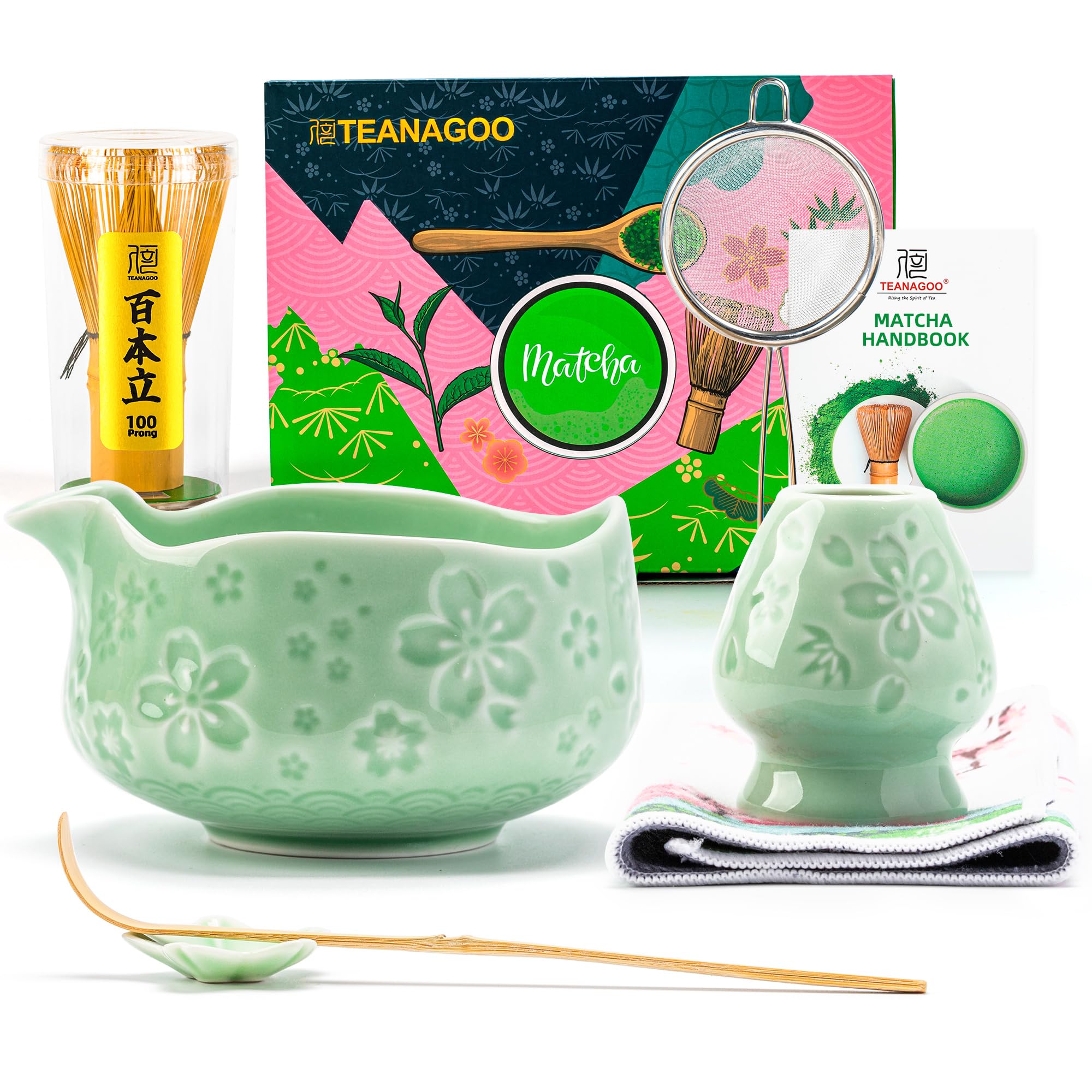 TEANAGOO Matcha Whisk Set,7 Pcs Matcha Set Blue Green,Ceremony Matcha Kit,Matcha Tea Set for Making Latte,Ceramic Bowl(chawan) Whith Spout and Whisk,Gift for Matcha Lovers