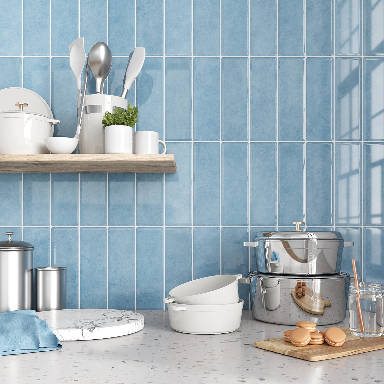 VEELIKE Azulejos Adhesivos Cocina Azules 3D Baldosas Adhesivas Pared Trasera Cocina Vinilos Baño Azulejos Papel Adhesivo para Baldosas Vinilo Cocina Pared Azulejos Impermeable 30.5cm×30.5cm 6 Piezas