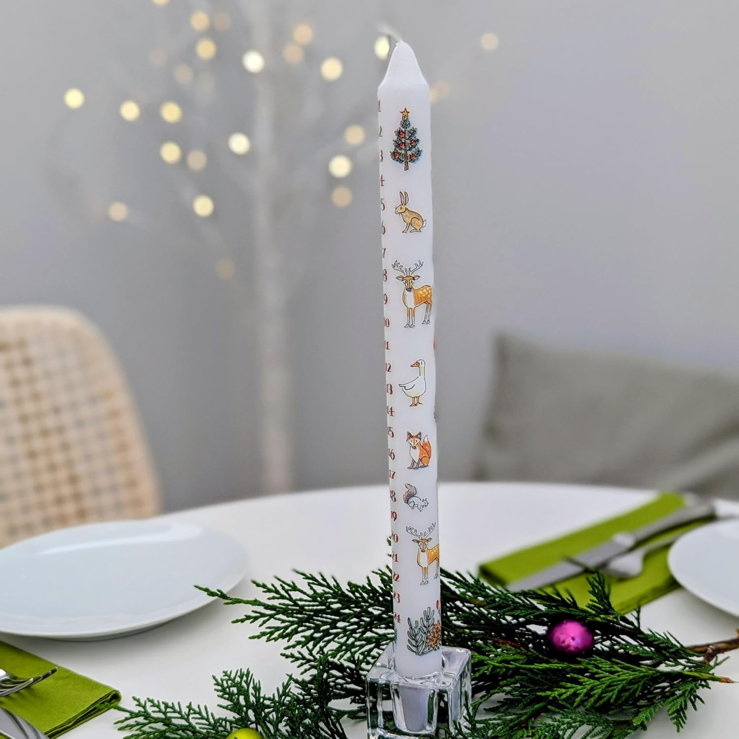 Alison Gardiner Winter Wildlife Advent Taper Candle – Unscented Wax Christmas Countdown Candle, 10hr Burn Time, Festive Design, Handmade in UK – Ideal Gift & Table Centerpiece