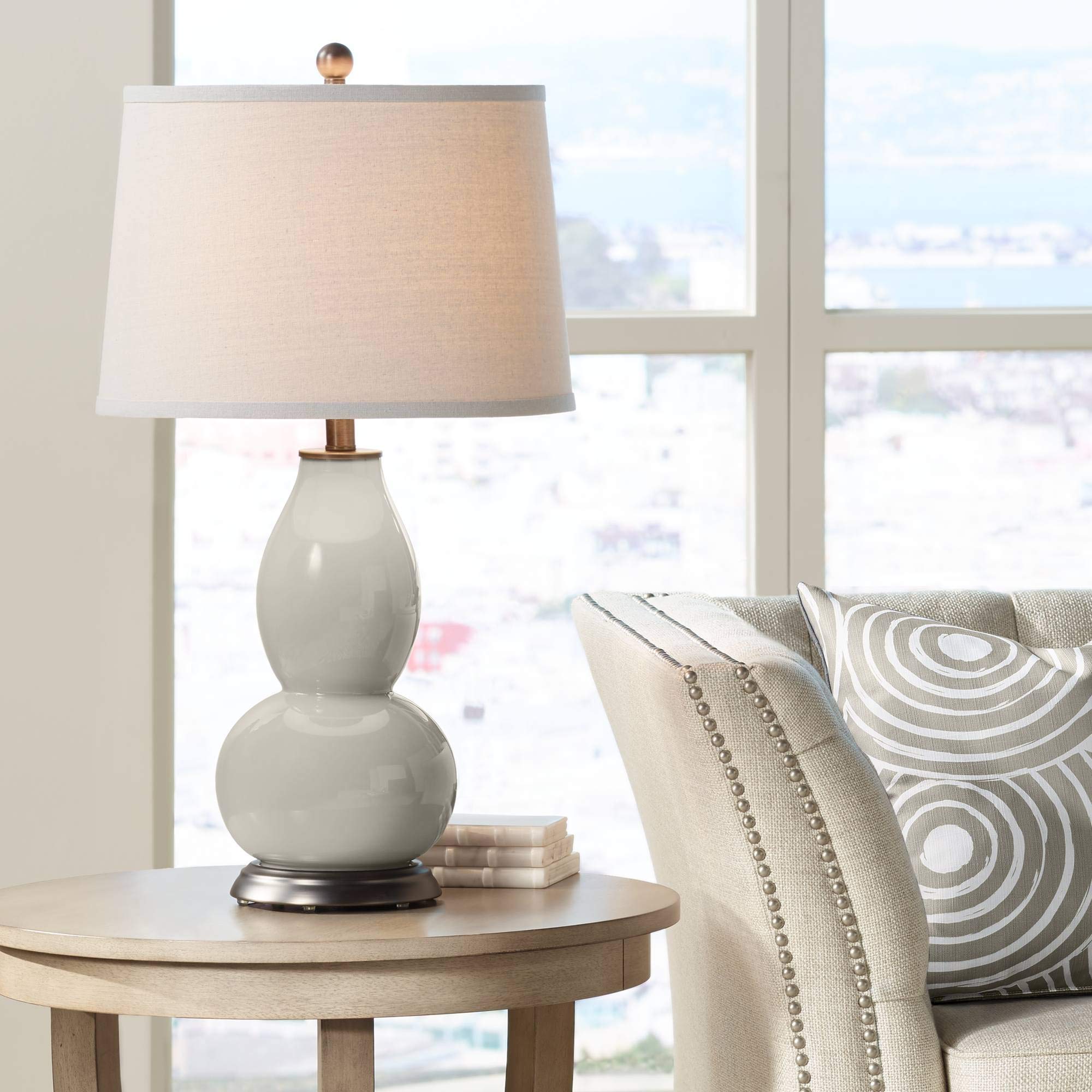 Color + Plus Double Gourd 28 3/4" Tall Modern End Table Lamp Requisite Gray Bronze Finish Glass Single Fabric Off-White Shade Living Room Bedroom