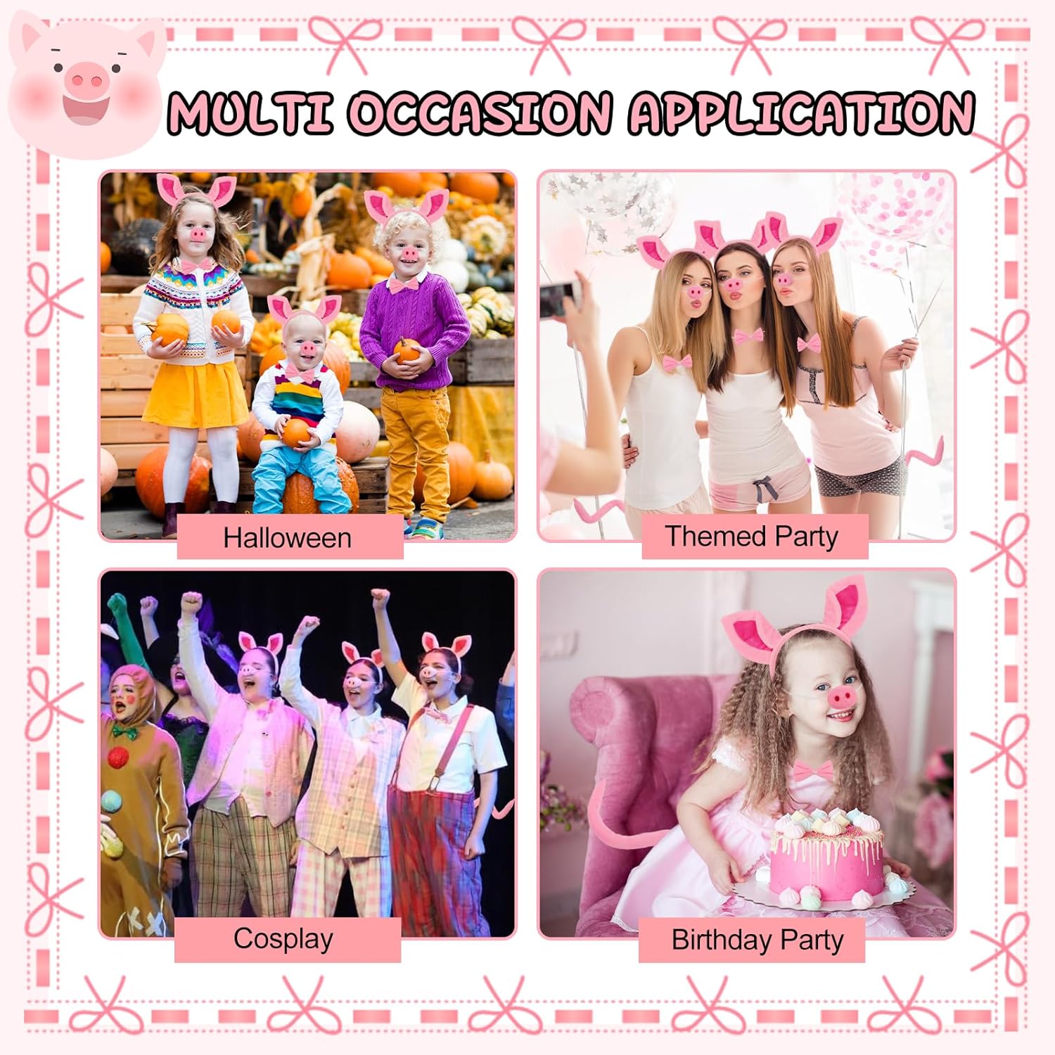 Mototo Pig Costume Set 24 PCS Pig Ears Headband Pink Pig Cosplay Set with Nose Tail & Bow Tie Pig Costume Adult Halloween Costume for Adult Party Dress Up Decoration - Image 6