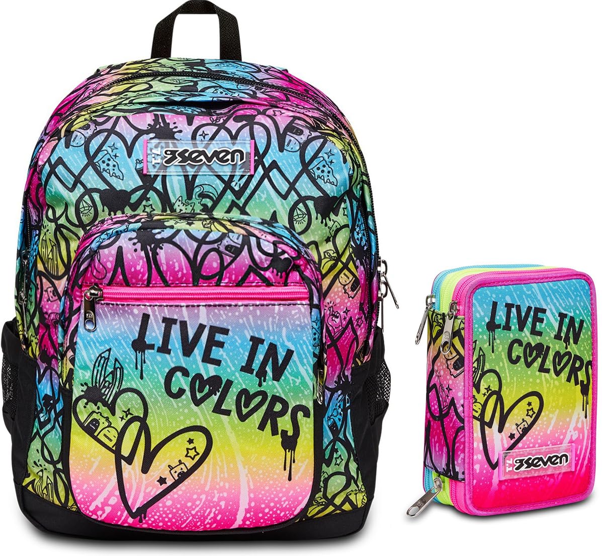 Seven Zaino Scuola Freethink, Multicolore, con Ring Light, Scomparto Porta Notebook, Tasche Porta Borraccia, Zaino Viaggio, Scuola e Tempo Libero + Astuccio Triplo Scomparto Completo Di Penne, Matite