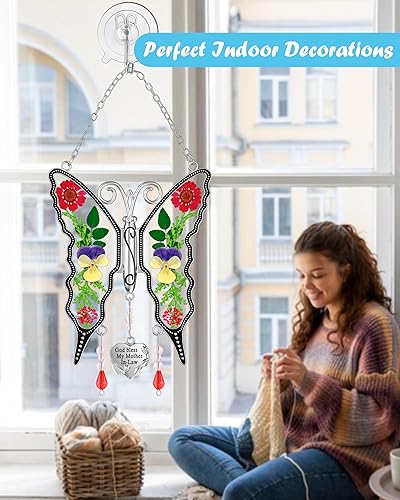 Miniatura 6 de Atrapa luz de mariposa de cristal con la frase God Bless My Mother-in-Law grabada para la abuela, flores prensadas entre alas de cristal para