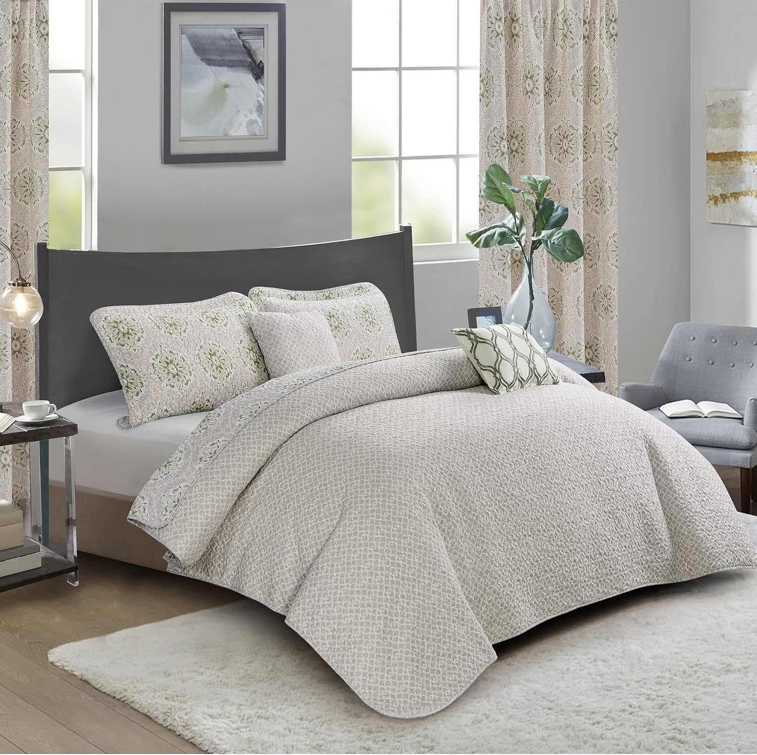 HESTIN 7 Piece Flower Stamp Microfiber Reversible Bedspread Floral Design Matching Light Filtering Curtains for All Season, Pastel Gray, Queen (90" x 90")