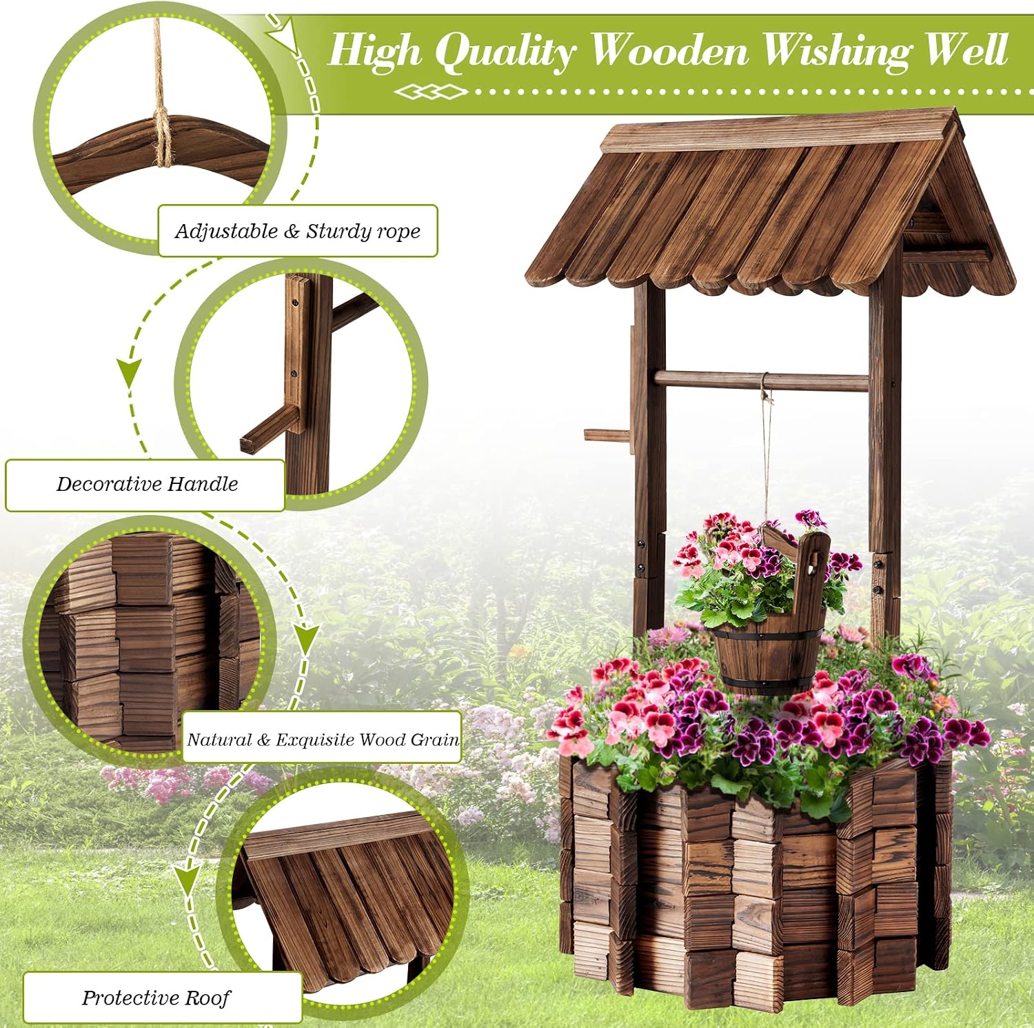 Aoxun Wooden Wishing Well Planter with Hanging Bucket for Flower and Plants, Planter Indoor and Outdoor, Home Decor for Patio Garden, Brown
