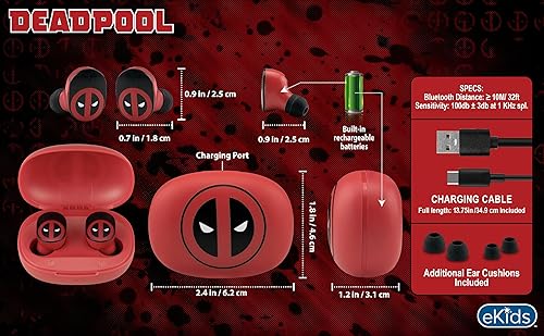 Miniatura 3 de eKids Marvel Deadpool - Auriculares inalámbricos con micrófono, auriculares Bluetooth con estuche de carga para auriculares