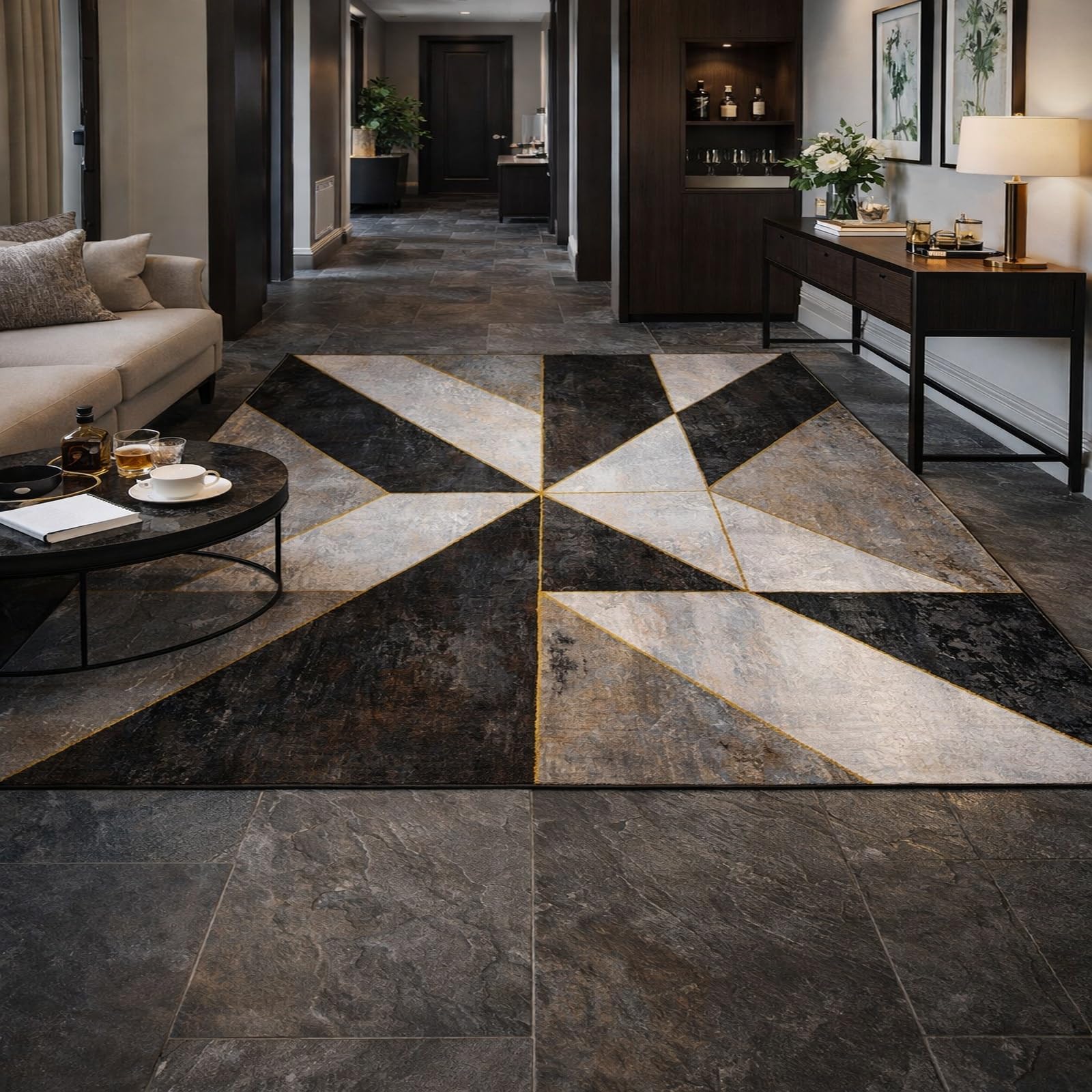 Alfombra de pelo corto abstracta dorada Rururug decoración premium