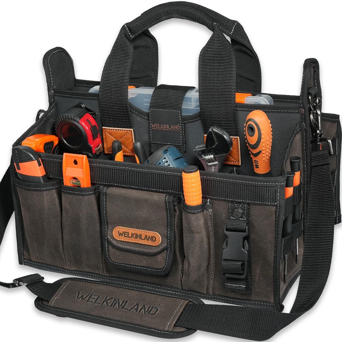 WELKINLAND 20-Pockets Electrician Tool Tote, 16"-Wide Open Top Tool Tote, Waxed-Canvas Electrical Tools Bag, Heavy-Duty Tool Bags For HVAC Tech, Stay-Up Technician Tool Bag