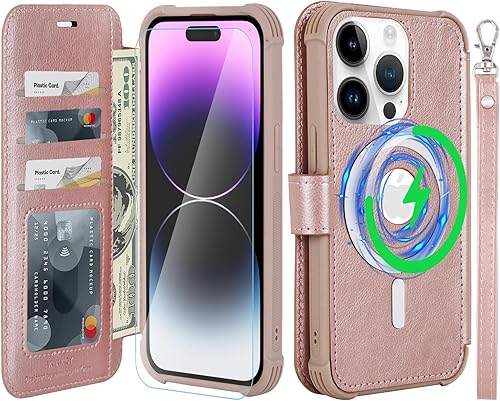 VANAVAGY Funda tipo cartera compatible con iPhone 14 Pro para MagSafe, funda de piel sintética con tapa RFID y soporte para muñeca, carga