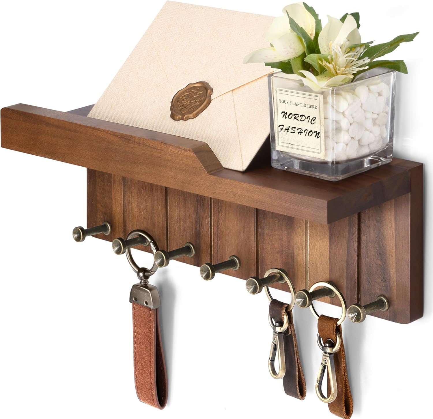 Rebee Vision Farmhouse Key Holder Wall Mount - Decorative Mail Organizer with 7 Key Hooks and Wall Shelf - Rustic Home Decor for Apartment Essentials (Acacia Wood)