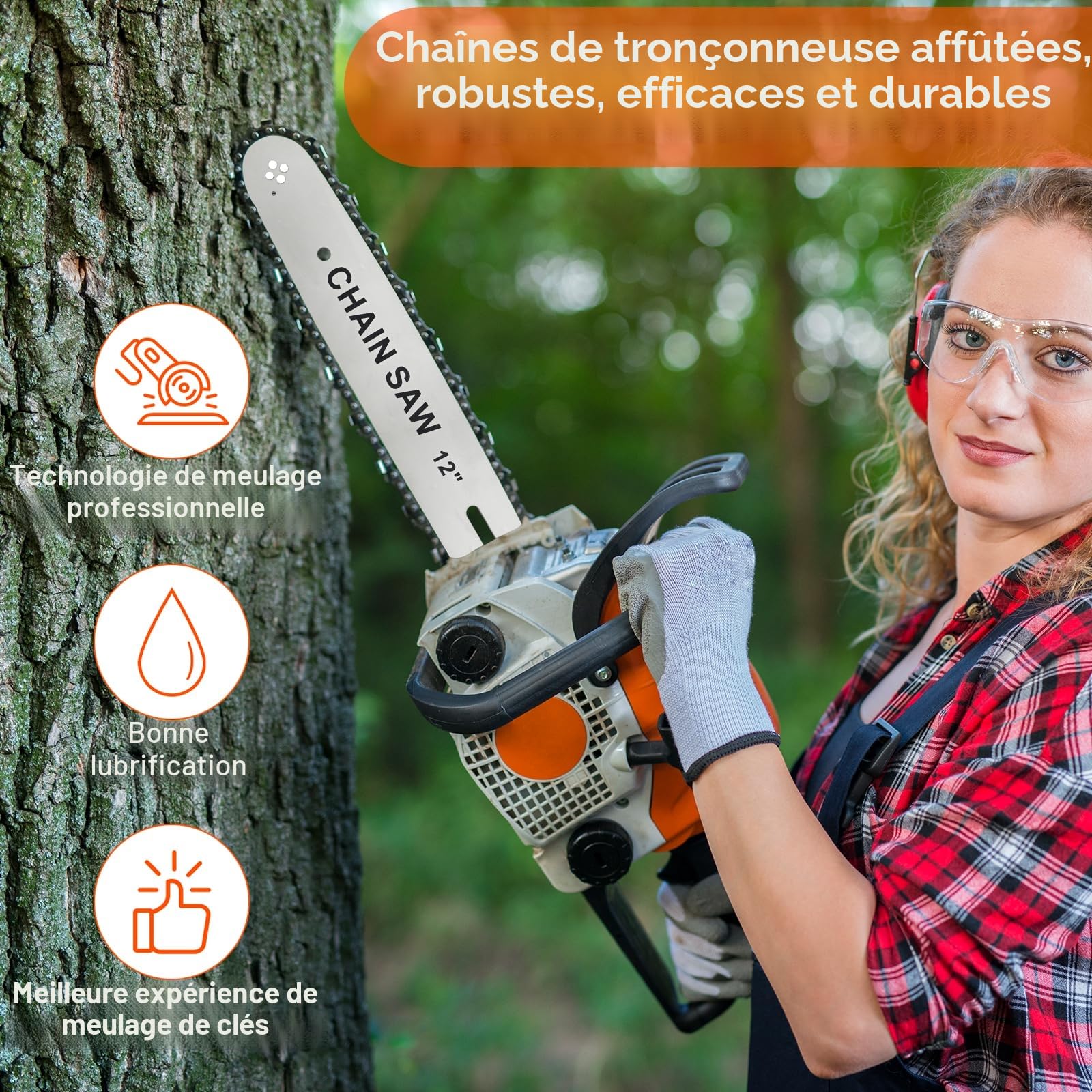 4 Pièces Chaîne de Tronçonneuse, 12" Chaînes Tronçonneuses avec Guide-Chaîne de 34,5cm, Pas de 3/8" Low-Profile, Epaisseur de Maillon 0,05" (1,3mm), 45 Maillons, pour Coupe du Bois, Elagage