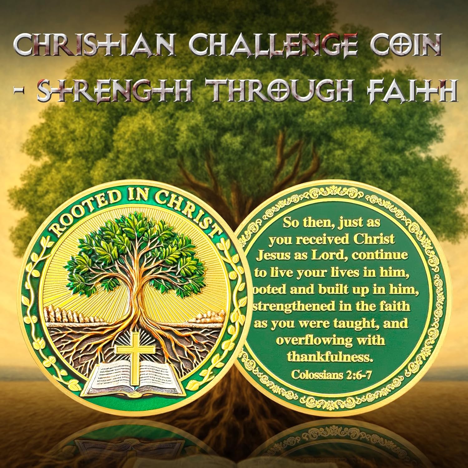 ASmileIndeep 10Pcs Tree of Life Christian Challenge Coin – Rooted in Christ Coin Bible Verse Colossians 2:6-7 Jesus Religious Token - Faith and Strength Coin Good Luck Christian Inspirational Gift (A)