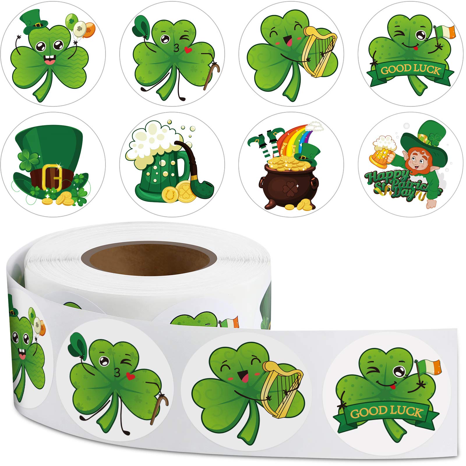 Zonon 600 Pieces St. Patrick Day Stickers Roll Cute Shamrock Leprechaun Beer Gold Coins Labels Teacher Reward Stickers Lucky Irish Decals Seals for Classroom Preschool, 1.5 inches
