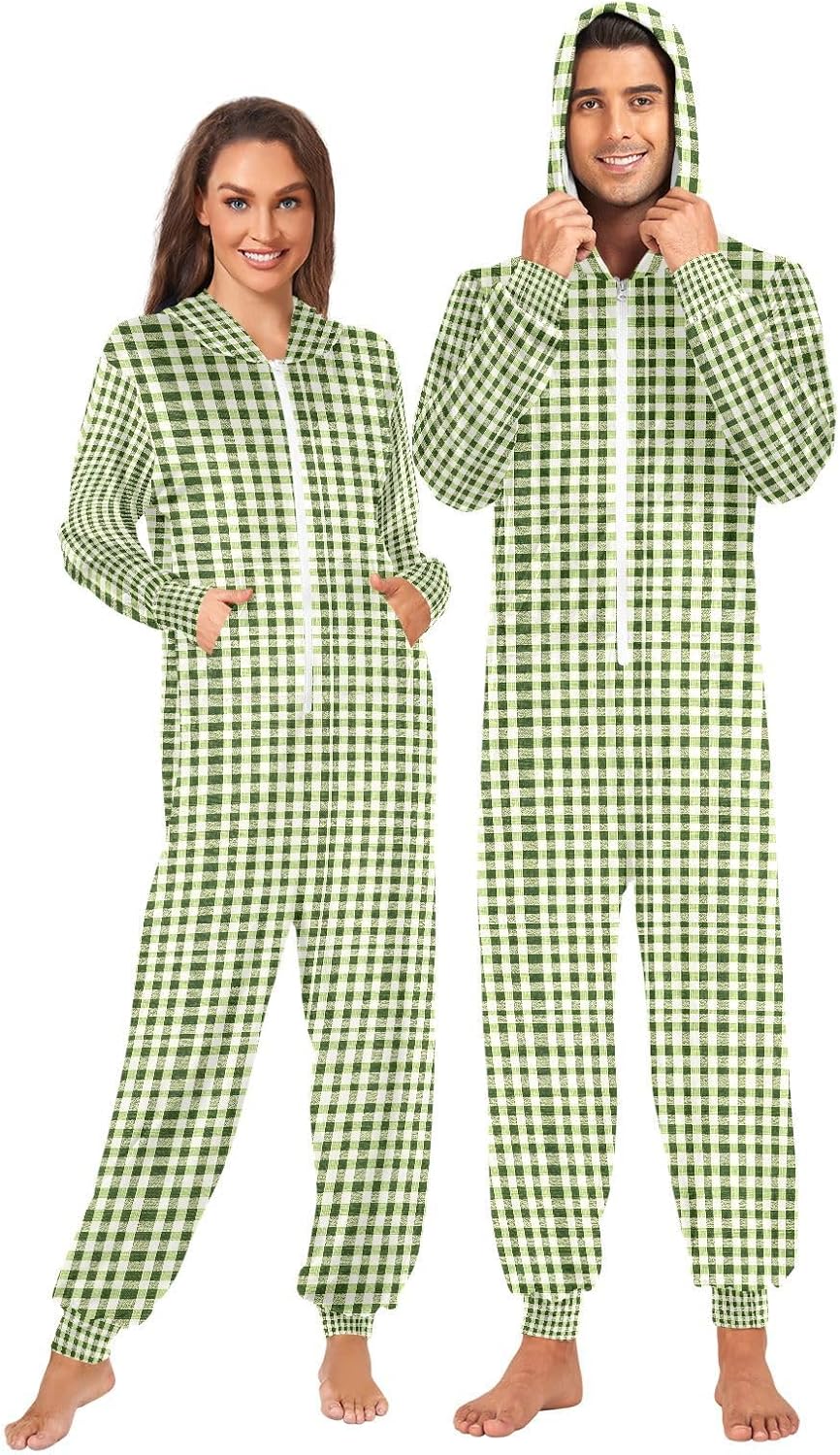 Green White Buffalo Plaid Checkered Adult Onesie Pajamas Novelty One Piece Costume Sleepwear Jumpsuits Matching PJS