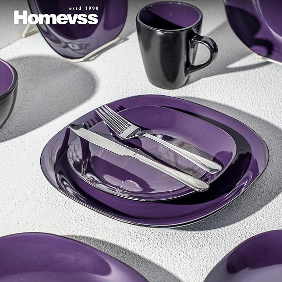 Stoneware Square 16pc Dinnerware Set, Inside Shiny Purple and Outside Matte Black