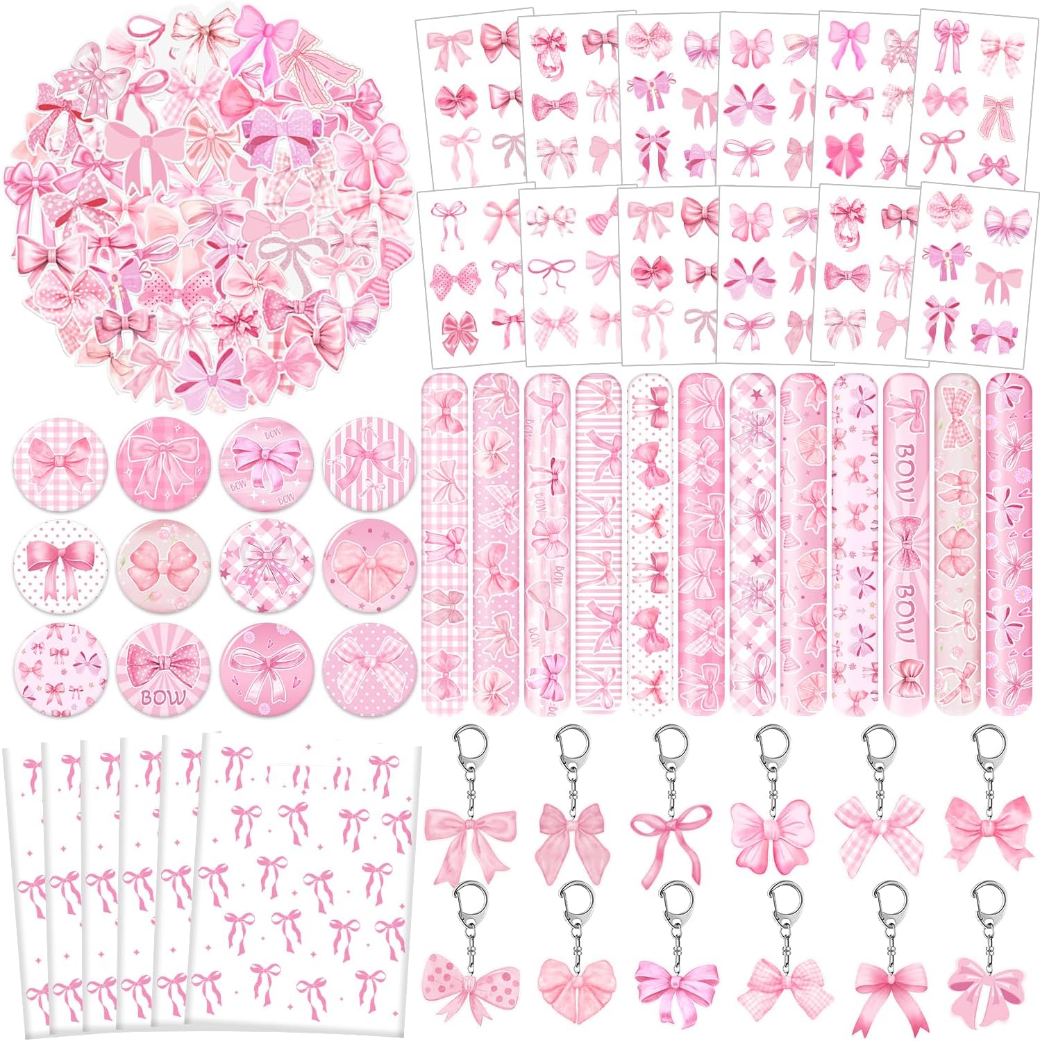 110 PCS Pink Coquette Bow Party Favors, Pink Coquette Bow Temporary Tattoos Slap Bracelets Stickers Keychains Badges Gift Bags for Bow Coquette Birthday Party Decorations Supplies for Kids Girls