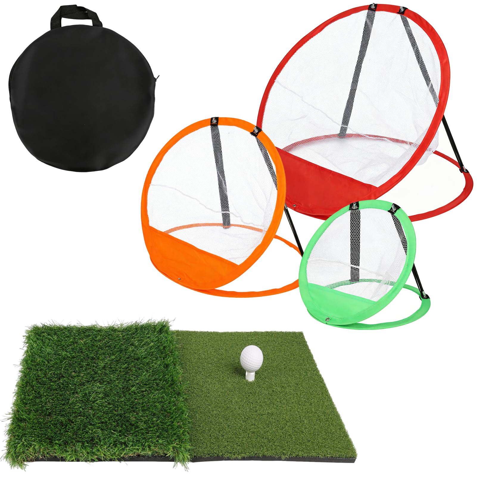 Golf Übungsnetz Set, Golf Chipping Netz mit 3 Farbigen Chipping Netzen, GolfTrainingsnetz Kit mit Doppelte Rasenmatte,12 PU Übungsbällen,5 Tees,Indoor Outdoor GolfSimulator für Garten Terrasse Übung