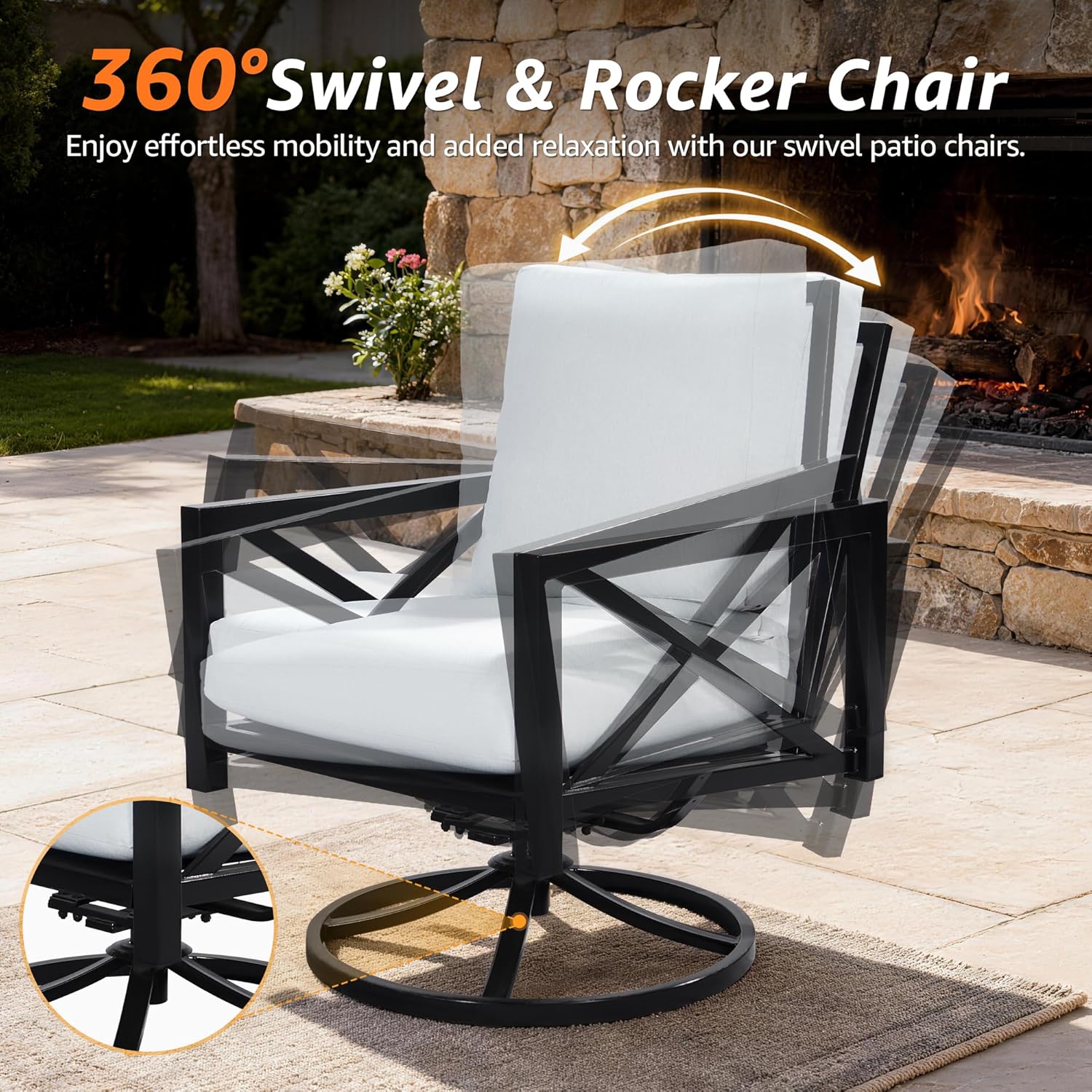 NATURAL EXPRESSIONS 4 Pieces Patio Furniture Sets, Modern Metal Outdoor Conversation Sets with High Back Rocking Swivel Chairs,38’’ Metal Table, 5.5" Thick Cushions