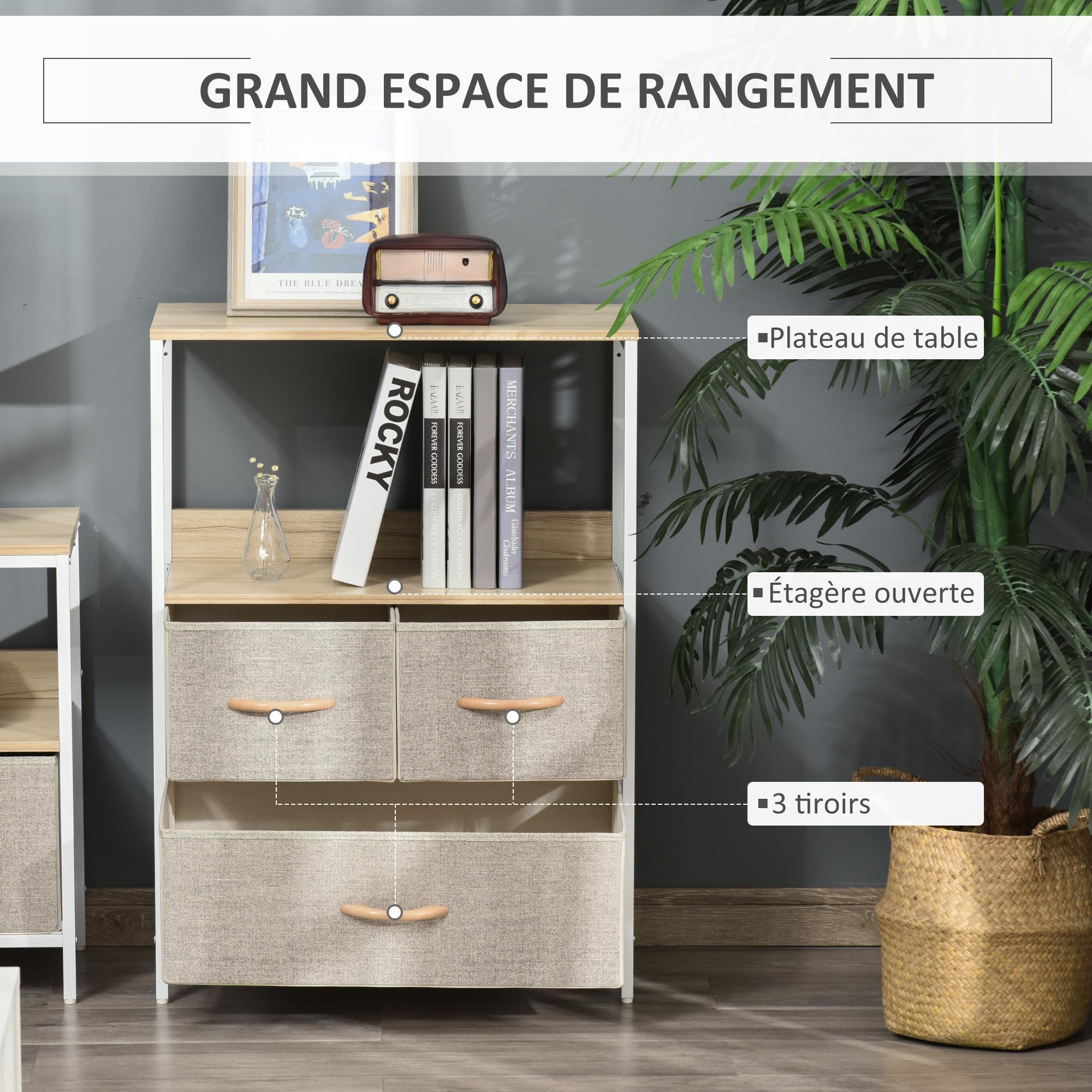 HOMCOM Commode 3 Tiroirs Tissus 58L x 29P x 81,5H cm Naturel et Métal Blanc