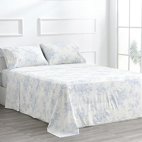 Miniatura 8 de Juego de sábanas de algodón de 400 hilos tamaño matrimonial (color azul) 4 piezas, juego de sábanas 100% algodón de fibra larga, juego de sábanas de