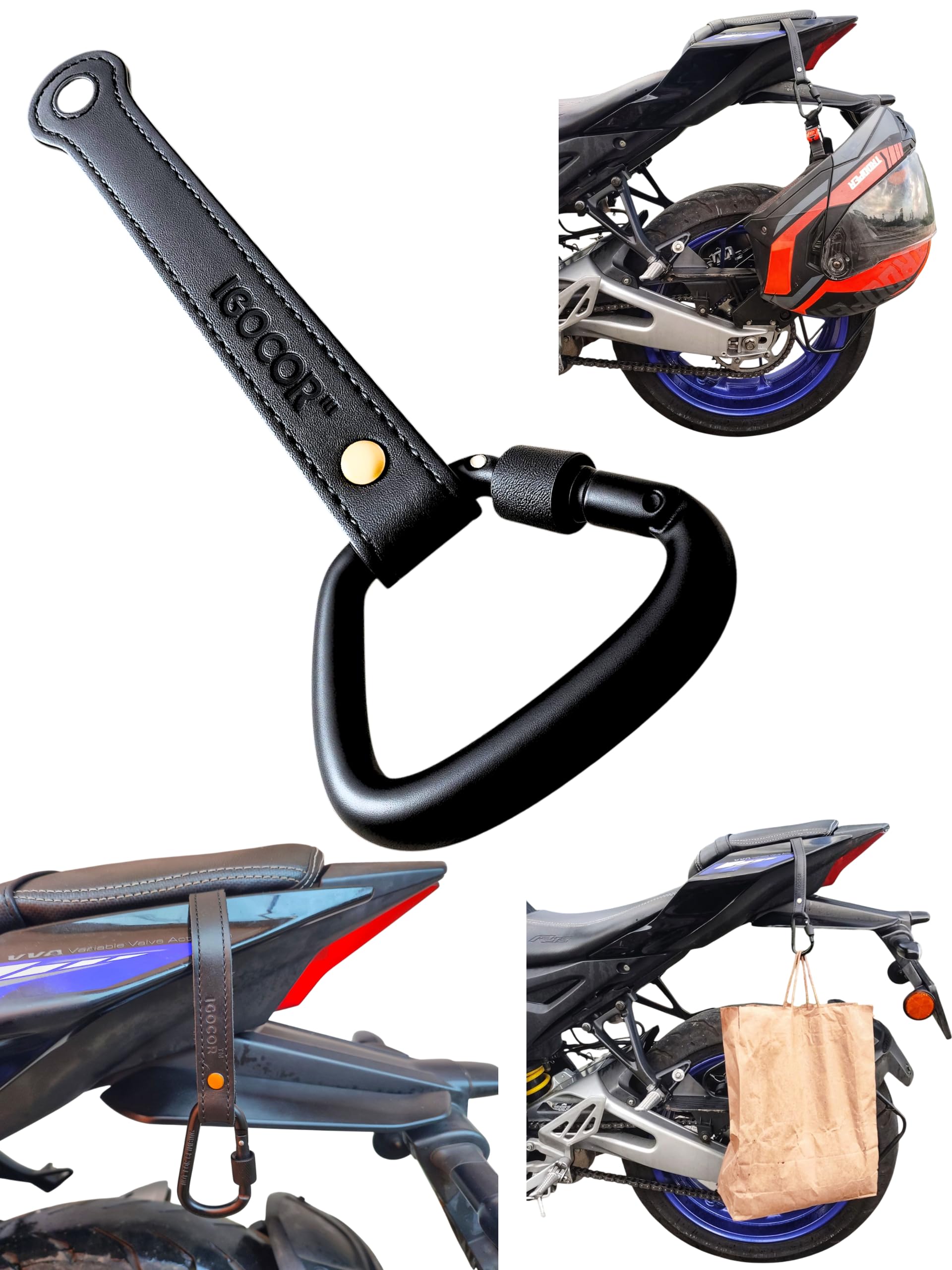 IGOCOR - Utility Leather Hook Strap for Motorcycles – Premium Genuine Leather with Reinforced Stitching & CNC Aluminium Carabiner (Detachable Screw) | Luggage Strap (Black)-image-40