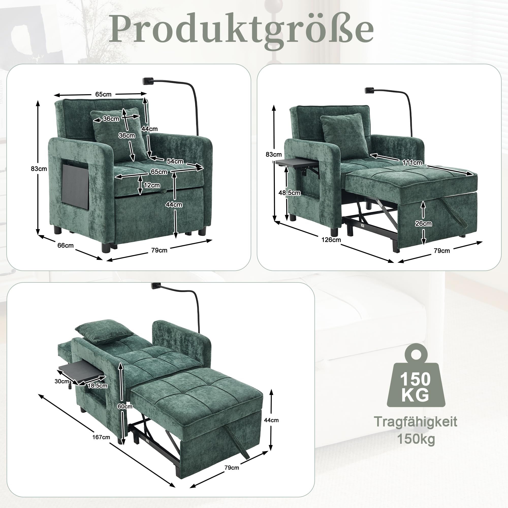 Generisch Poltrona letto 2 in 1 in ciniglia verde, divano letto singolo con cuscino, tasche laterali e vassoio, schienale regolabile in 5 posizioni, portata 150 kg, per soggiorno, camera da letto
