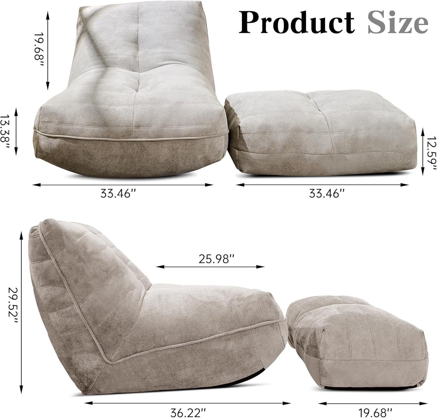 Bean Bag Chair with Ottoman, Comfy Bean Bag Sofa with Memory Foam, Lazy BeanBag Sofa with Footstool, Fireside Bean Bag Couch for Living Room, Bedroom, Apartment (Gray) - Image 2
