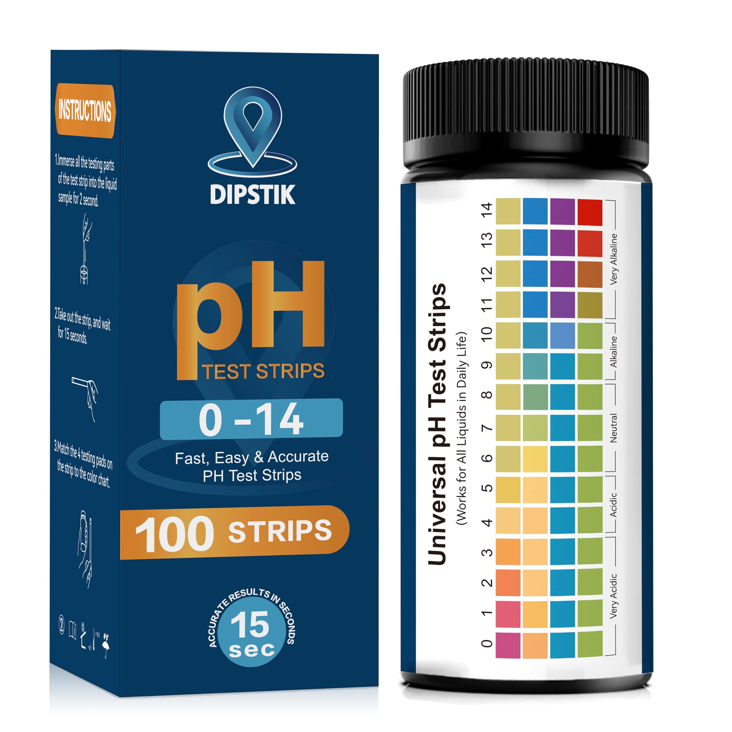 Bandelettes de test pH (0-14) - Bandelettes de test pH universelles pour l'eau potable, les aquariums, les piscines, les spas, 100 bandelettes de papier de tournesol pour tester le pH