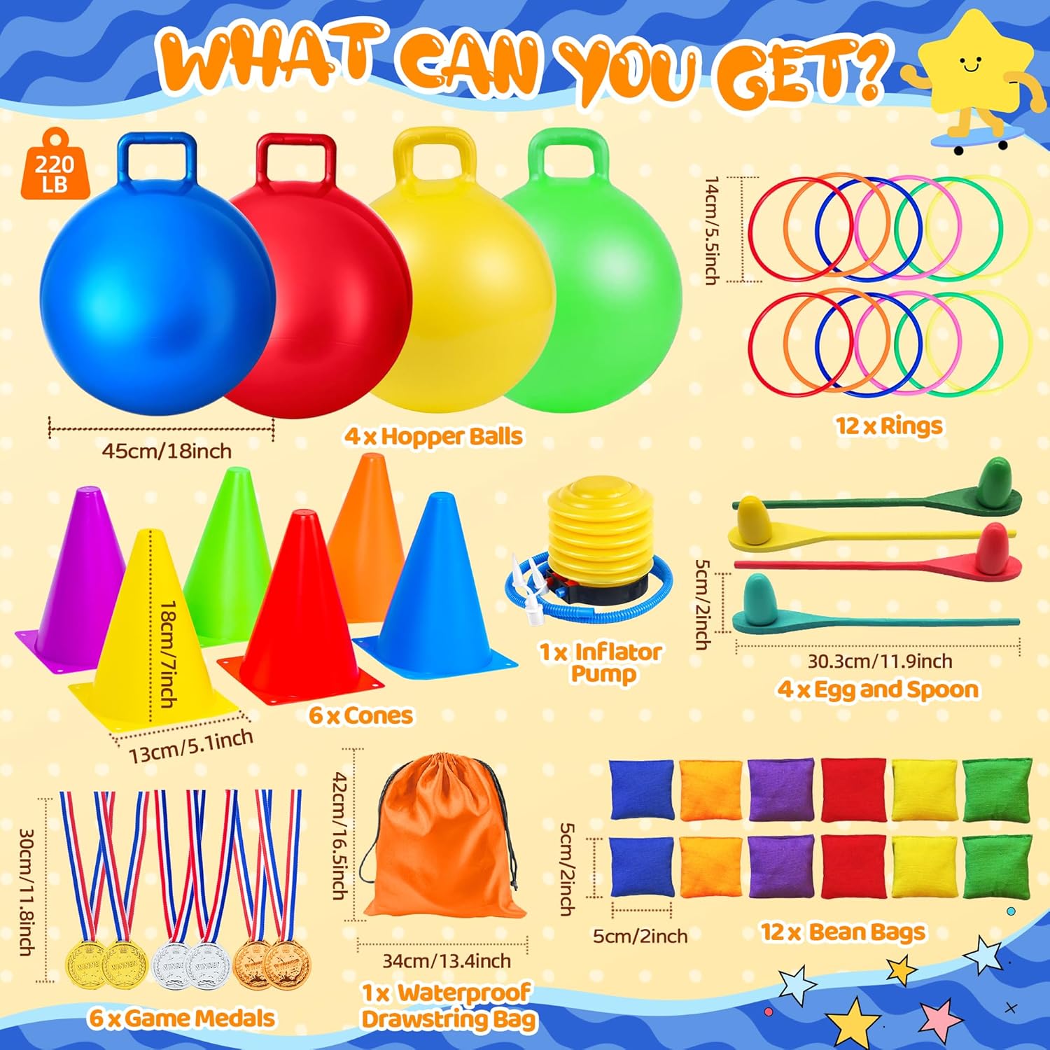 JOY SPOT! Carnival Outdoor Games Combo Set for Kids, 18 Inch Hopper Balls with Handles, Ring Toss, Bean Bags, Egg Spoon Relay Race, Fun for Backyard, Field Day, School, Birthday Parties, Family Events