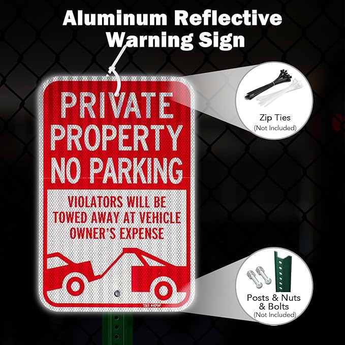 T&R (2 Pack) Large Private Property No Parking Sign, Violators Will Be Towed Away at Vehicle Owner's Expense Sign, 18" x 12" Engineer Grade Reflective Sheeting, Rust Free Aluminum, Waterproof, Fade Resistant, 2 Pre-drilled Holes
