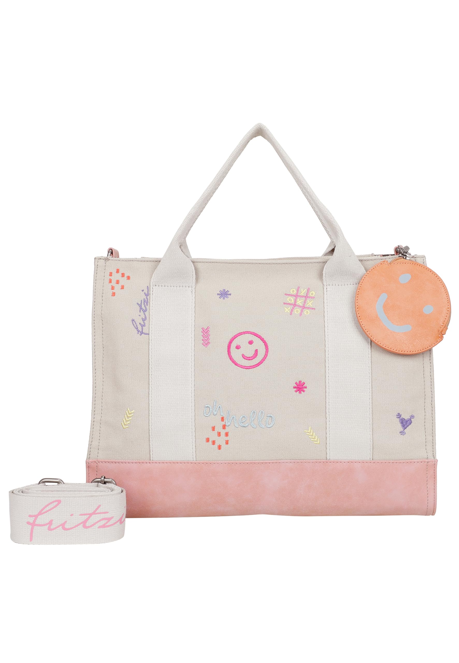 Fritzi Tote Bag Limited Embro Fun Shopper Canvas Damen Handtasche Stickerei Festival City Pocket Webbing-Gurt 29,5 x 40 x 14 cm - Anthrazit, Sand