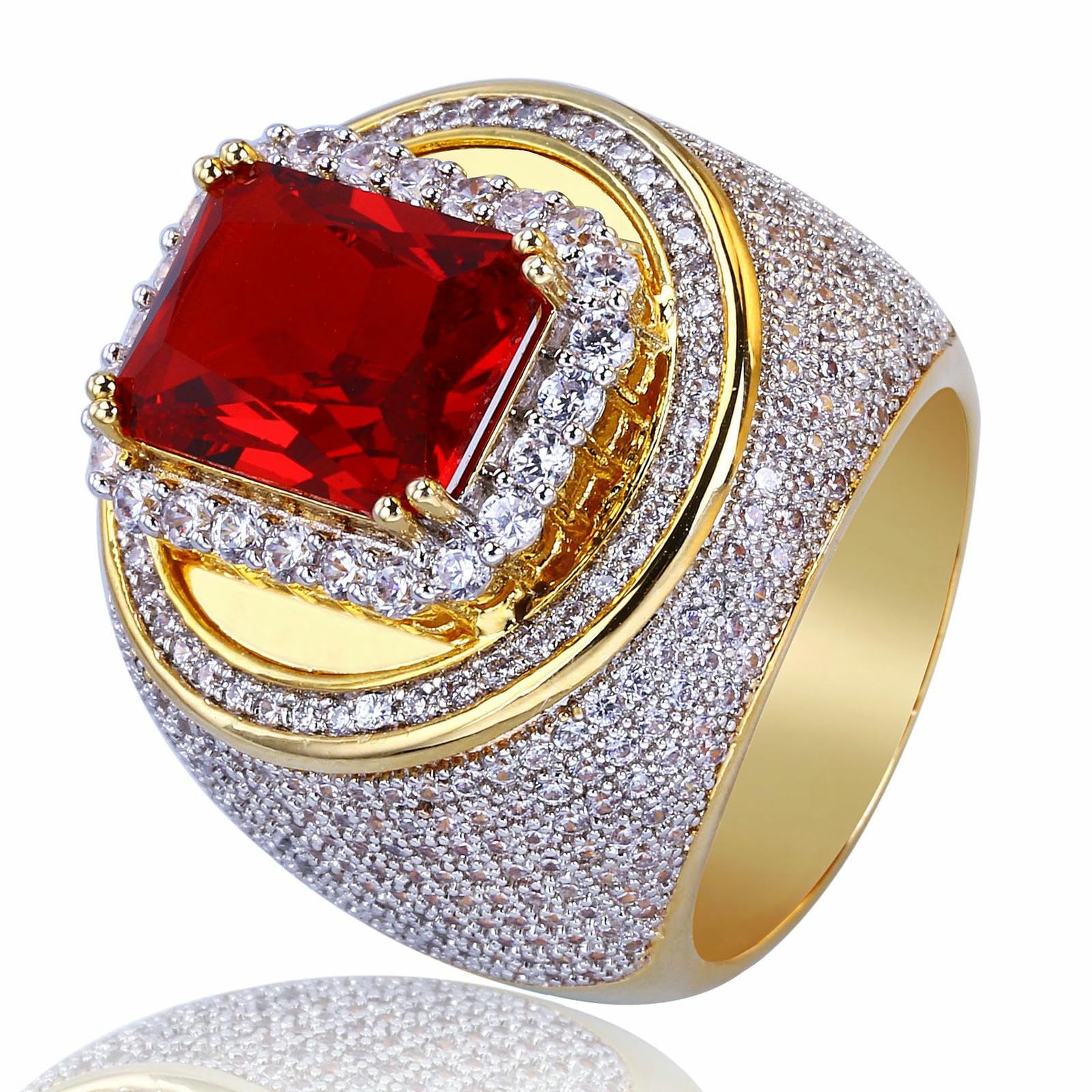 Herren-Ring mit kubischem Zirkonia und Rubin, auffälliges Retro-Design, Statement-Schmuck, übertriebener Vintage-Stil, Band, Geschenk für ihn