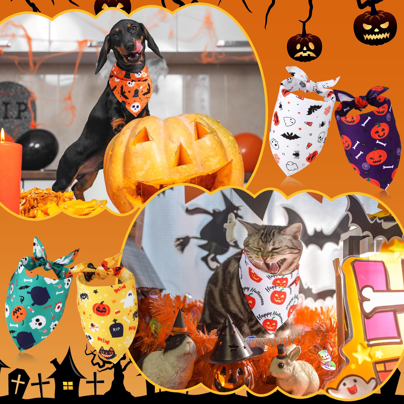 Silkfly Lot de 50 bandanas d'Halloween pour chien en vrac pour chiens, bavoirs triangulaires pour chien, bandanas pour chien avec motif citrouille et araignée, écharpe pour animal domestique pour