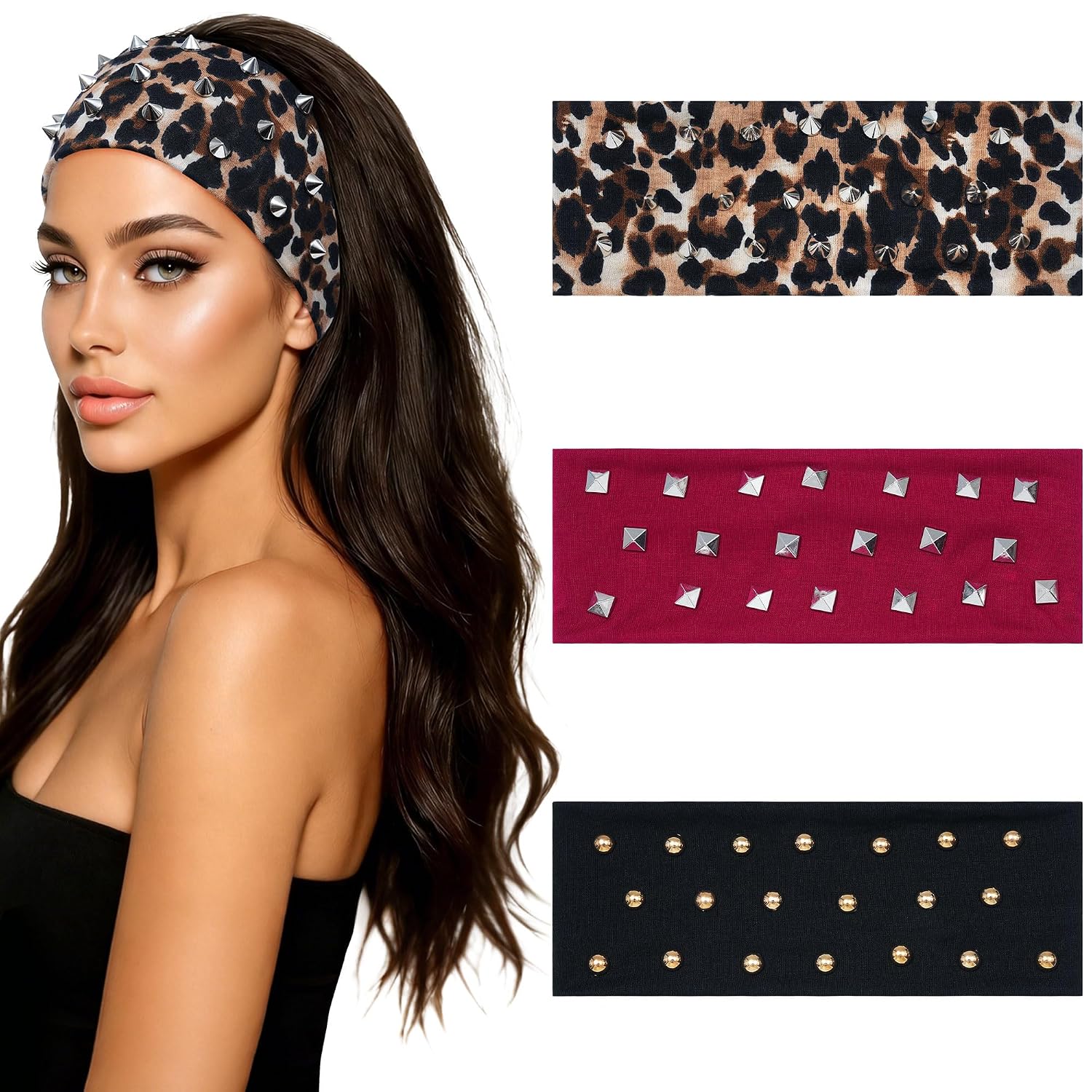 Mesovor 3 Pack Punk Studded Headbands for Women, Fashion Spiky Elastic Hair Bands | Y2k Punk Grunge Stretchy Hair Accessory (Black, Leopard, Red)