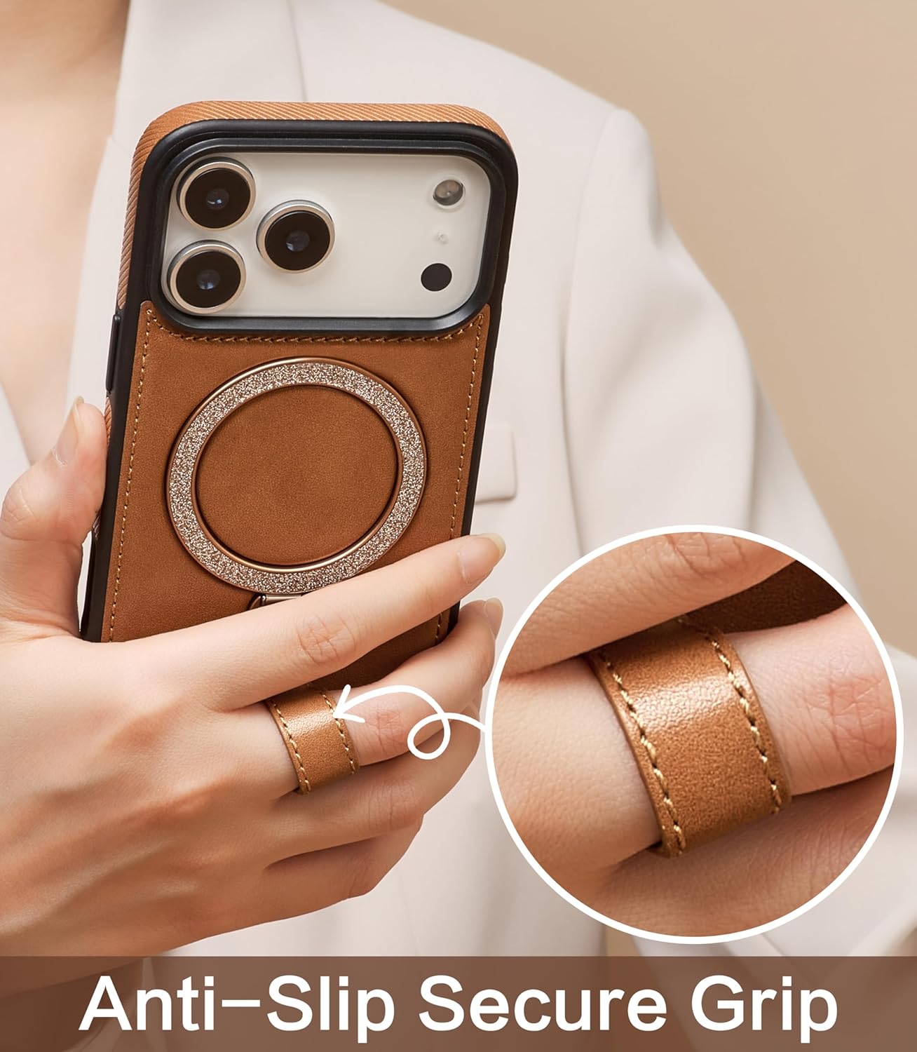 for iPhone 17 Pro Leather Case with Glitter Sparkly Shiny Stand | Fits for MagSafe (Brown, iPhone 17 Pro)