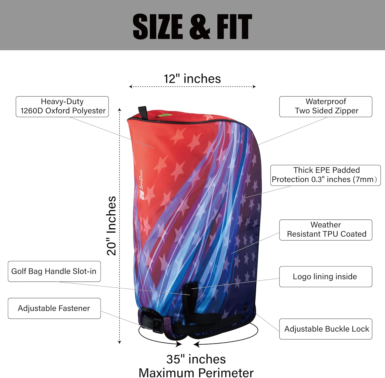 SANDIAN Golf Bag Rain Hood Cover, Waterproof 1260D Oxford Polyester, 12x20 Inches, Padded Protection, PU Coated, Two Sided Zipper, Adjustable Buckle Lock Fasteners, Snap Button Locking