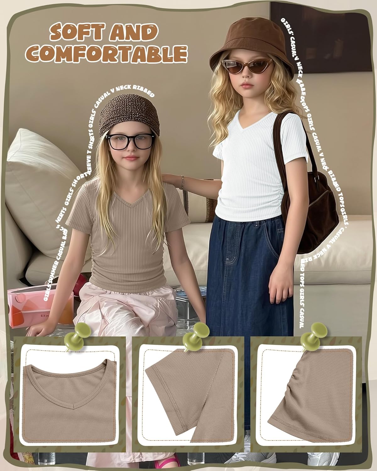 4 Pack Girls Shirts Teen Girls Short Sleeve Tops Ribbed V Neck Fitted Summer Tees Cute Casual Basic Clothes 5-14 Y