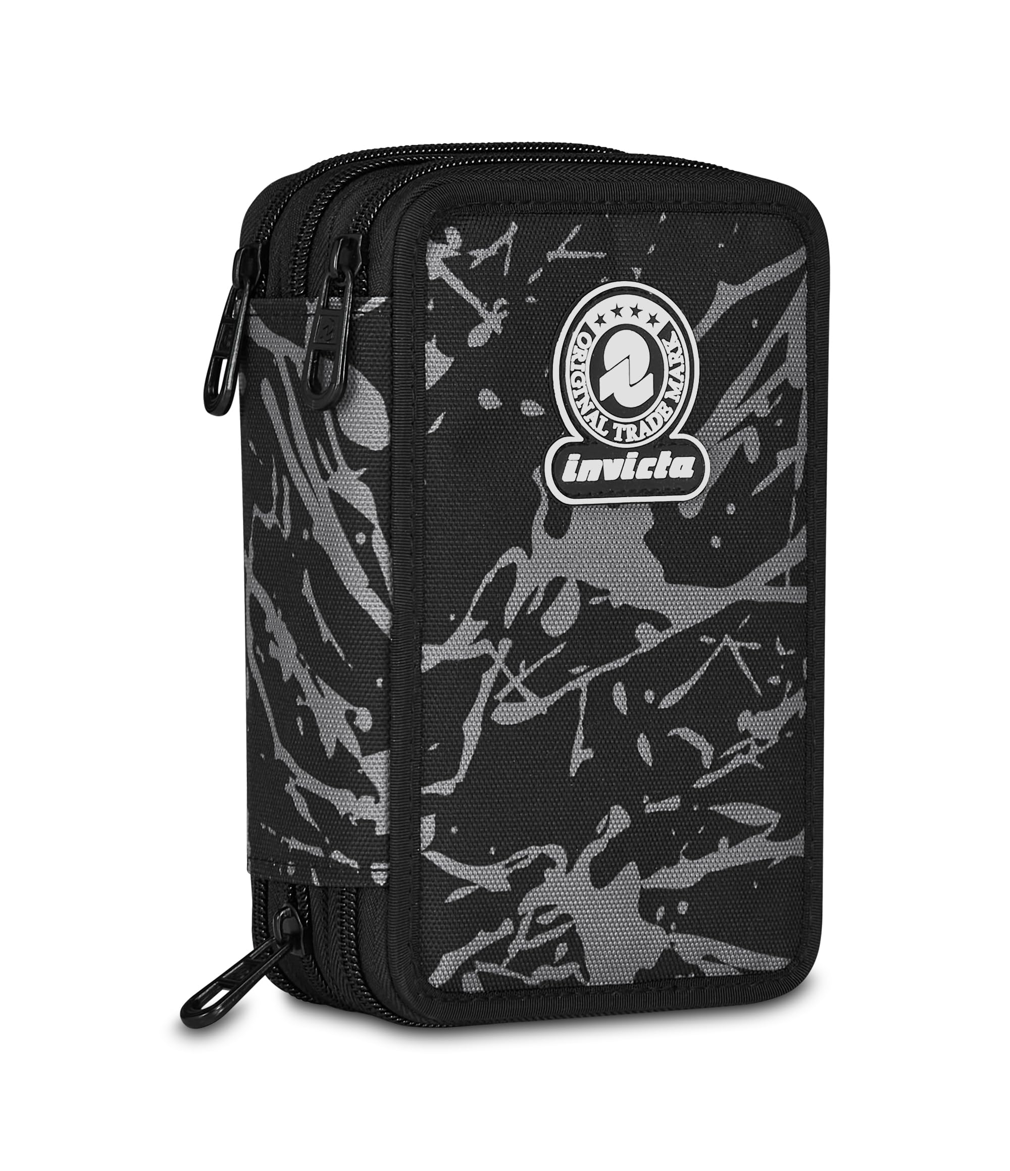 Invicta Astuccio Scuola 3 Zip Fantasy, Nero, Portapenne Triplo Scomparto Completo Di Penne, Matite, Colori, Accessori Zaino, Scuola Elementare, Bambino