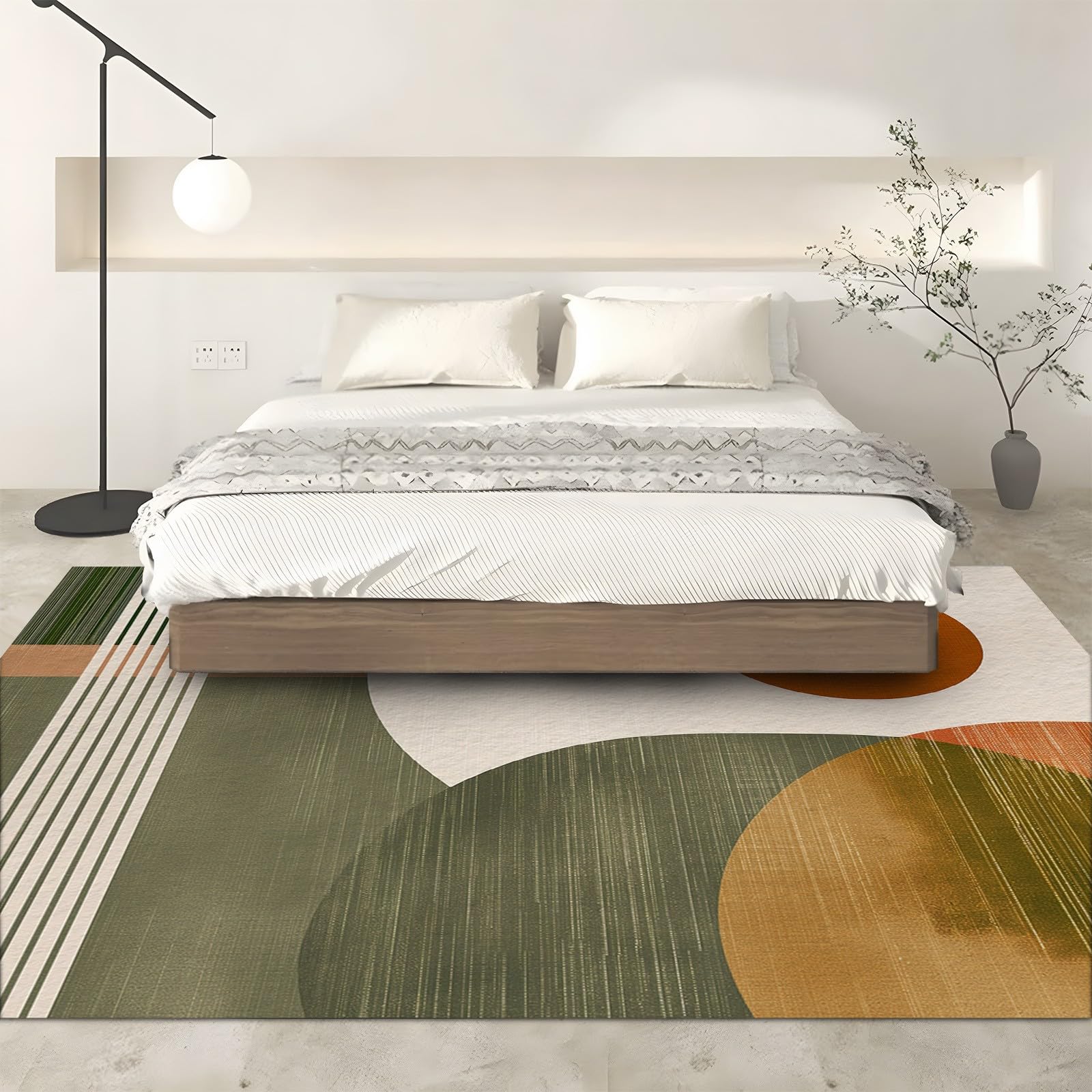 Tapis Salon Lignes Géométriques Modernes Abstraites Cercles Vert Olive Lavable Pile Courte et Douce, Rectangulaire Tapis Chambre Intérieur Extérieur Dessous antidérapant 160x230 cm