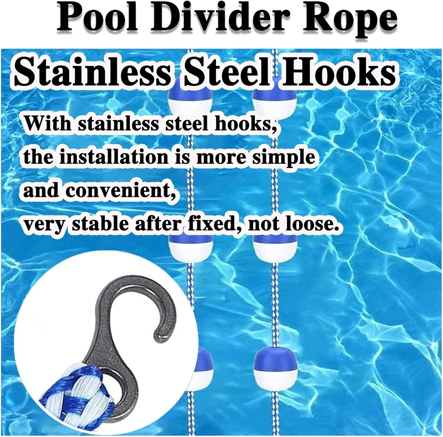 9ft/2.7m Swimming Pool Safety Rope and Float, Pool Rope Buoy to Divide Pool, Pool Lane Divider with 2 Stainless Steel Hooks, Pre-Assembled Shallow End Divider, Floating Rope