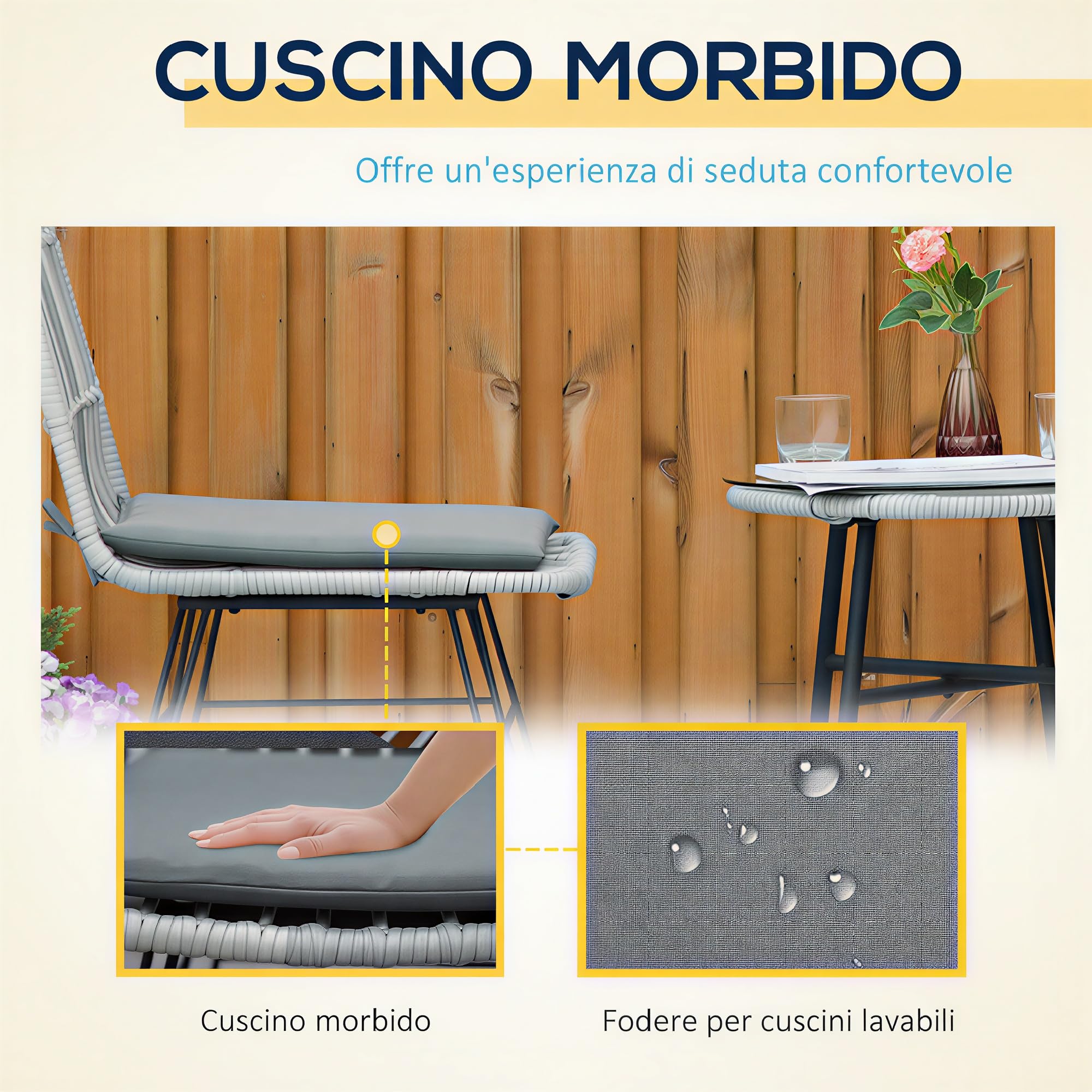 Outsunny Set di Tavolo e Sedie da Giardino da 3 Pezzi in Rattan PE e Acciaio, Set Bistrò da Giardino con Tavolino da Caffè con Piano in Vetro e 2 Sedie, per Balcone Patio Cortile Esterno, Grigio