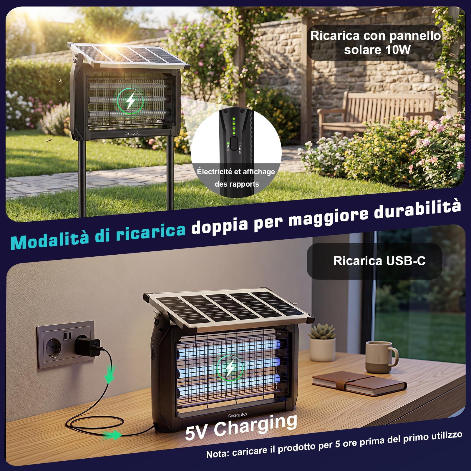 Lampe Anti Moustique Solaire Exterieur, 4500V Lampe Anti Mouche avec Batterie 4000mAh, Indice D'étanchéité IPX5, Anti Insectes Répulsif sans Fil avec Piquet pour Jardin, Terrasse, Camping