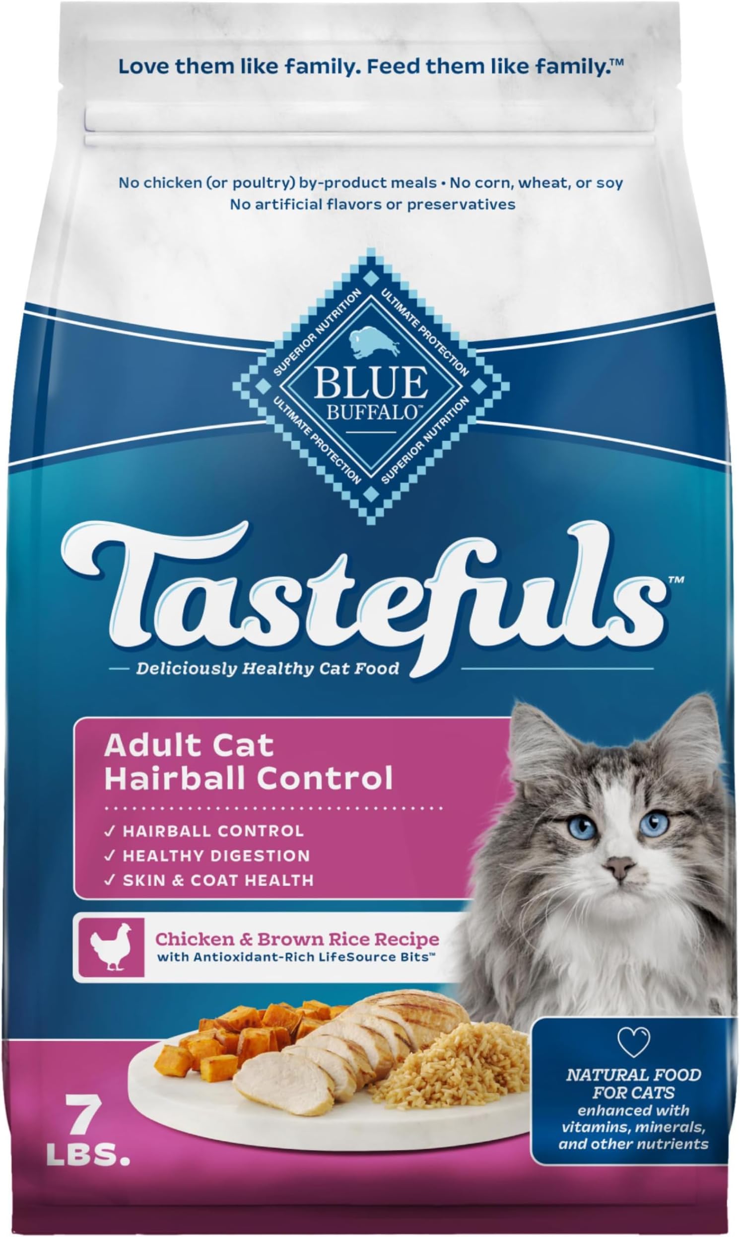 Blue Buffalo Tastefuls Natural Dry Food for Adult Cats, Hairball Control, Chicken & Brown Rice Recipe, 7-lb. Bag