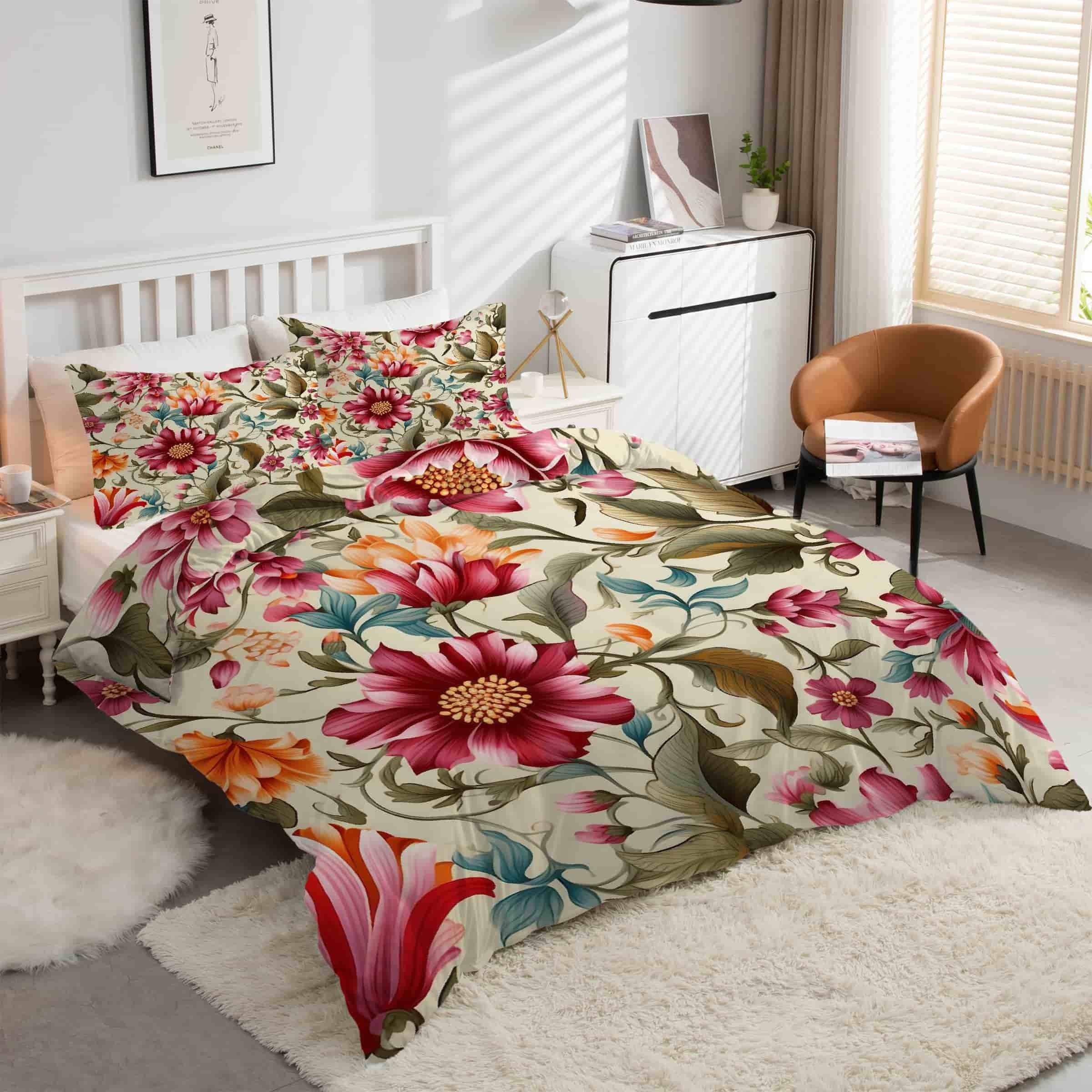 Housse de couette 200x200 rouge style rétro fleurs finitions haut de gamme