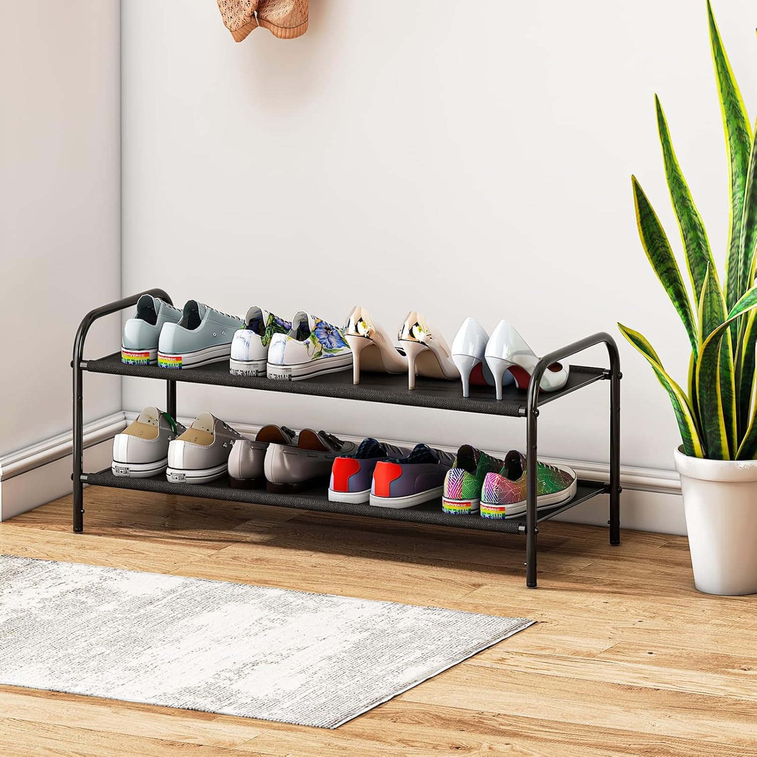 Wisdom Star 2 Tier Shoe Rack, Metal and Fabric Shoe Organizer and