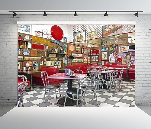 Miniatura 4 de BELECO Telón de fondo retro de tela de 10 x 8 pies para restaurante clásico de los años 50, tienda de refrescos, hora de comida, comedor local con