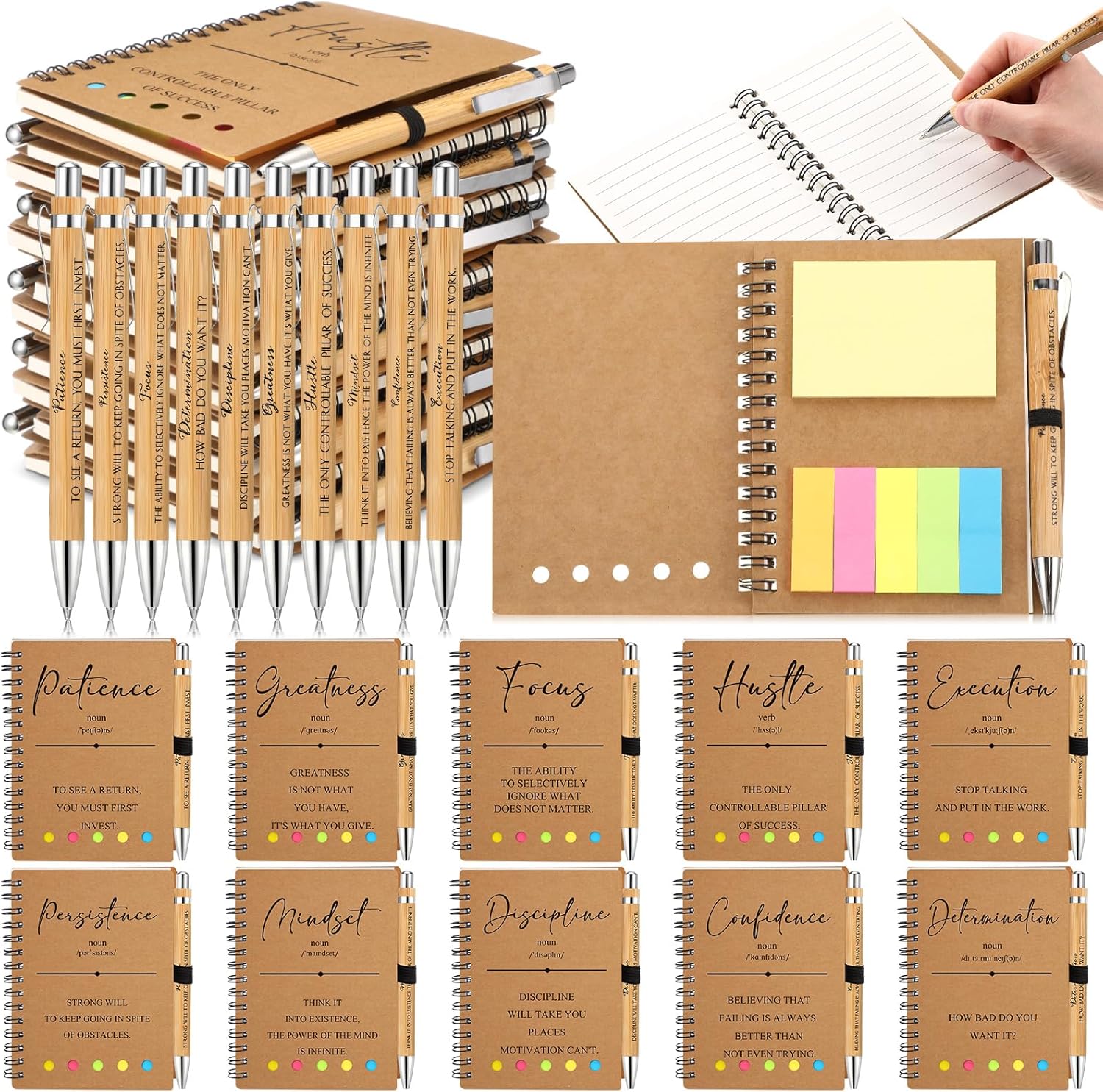 TecUnite 80 Pcs Motivational Spiral Notebooks with Sticky Notes Pen Inspirational Journals Bulk Employee Appreciation Gift for Team Coworker Staff Bulk Gift for Teacher School Nurse (Brown)