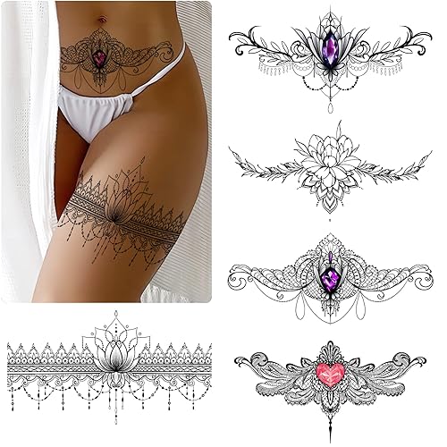 Roarhowl Tatuajes de encaje, juego de tatuajes temporales grandes y sexy, tatuajes temporales para mujeres, vientre, espalda, cintura, muslo, arte