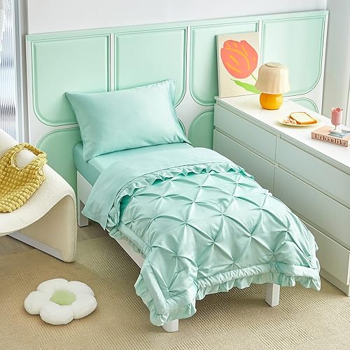 Miniatura 9 de Juego de ropa de cama plisada de 4 piezas con flecos de volantes juego de sábanas unisex de color morado sólido para niños y niñas incluye edredón