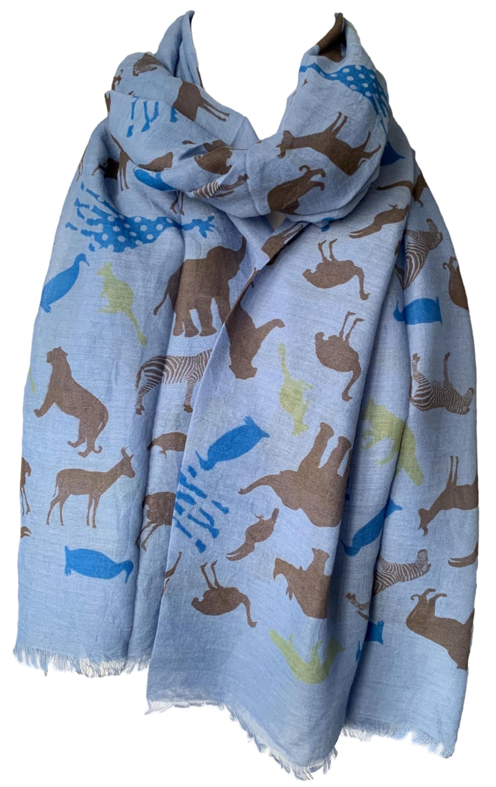 Zoo Animals Scarf Blue Rhino Zebra Ostrich Giraffe Giraffe Elephants Pattern